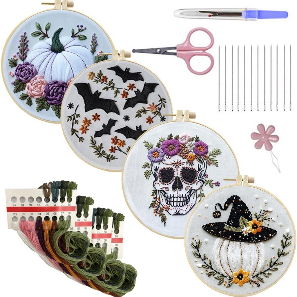 4pcs Stamped Cross Stitch Kits with Embroidery Hoop Needles Threads Instruction Cross Stitch Starter Kit with Halloween Patterns