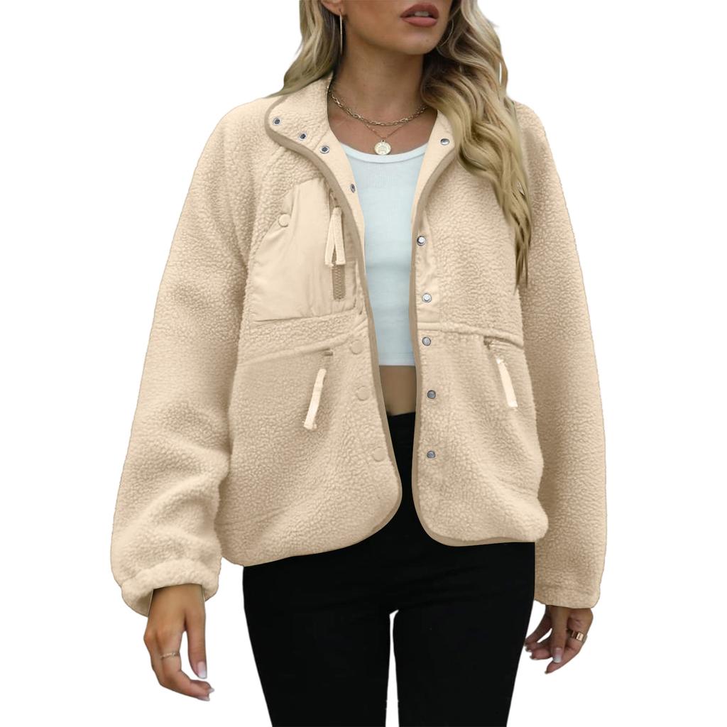 Women's Fashion Casual Stacked Lapel Single Button Fleece Sports Sweatshirt Jacket Outerwear