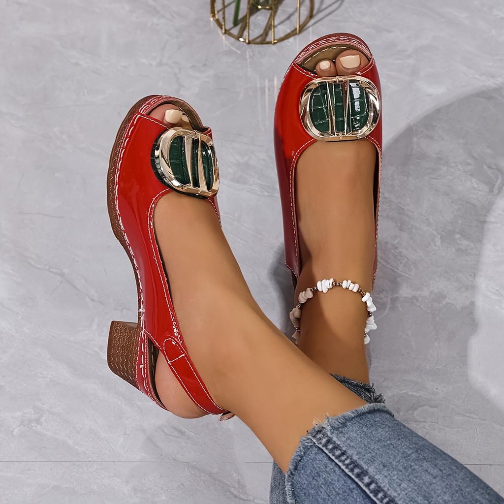 Lightweight Mary Jane Shoes | Women's Summer, Adjustable Back Strap & Ankle Strap, Peep Toe French Heel, Glossy Black Faux Cover, Comfortable Summer