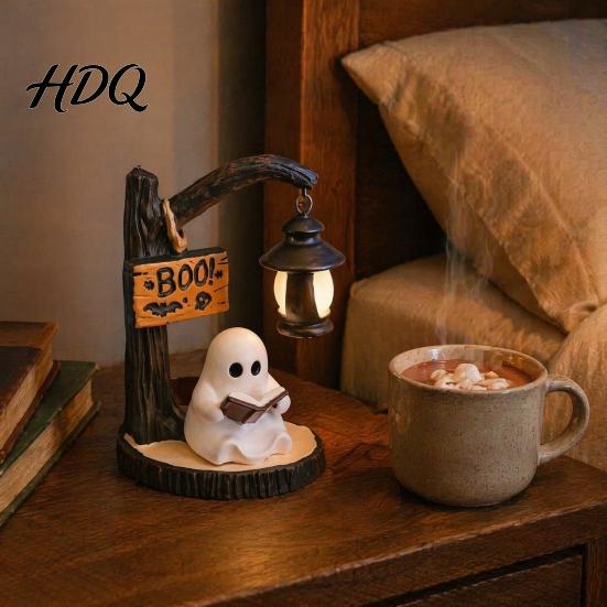 Warm Light Fireplace Decoration Halloween Hanging Ghost Night Resin Figurine, Vintage Farmhouse Glowing Tabletop Ornament, Decorative Shelf