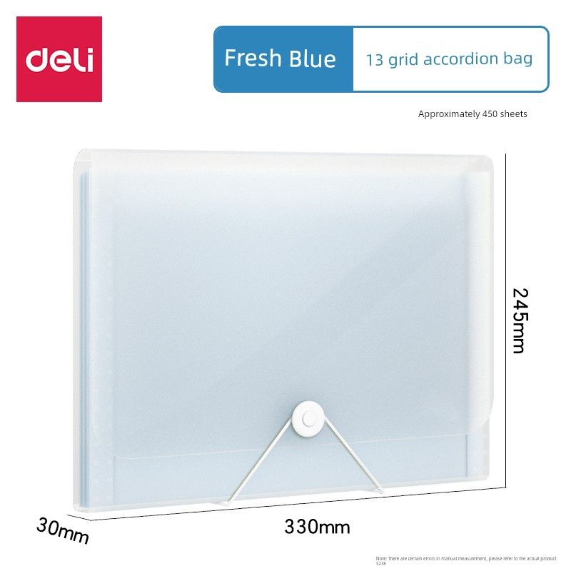 Deli A4 File Holder Student Test Paper Buggy Bag Office Material 13 Grid Organizing Bag Multi-Layer Large Capacity Folder [A4-13 Grid] Transparent Blue(5238)