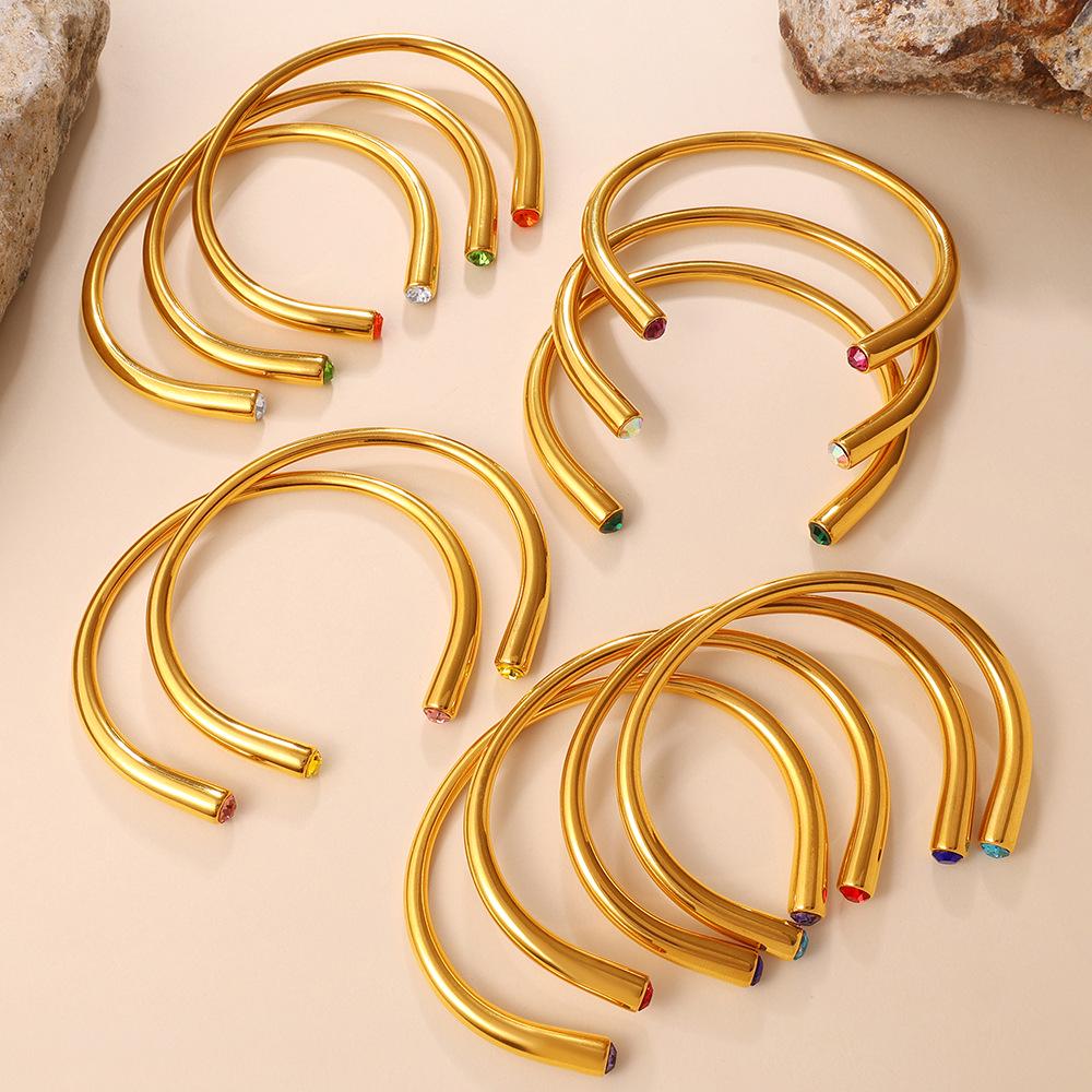 Cross-Border Gold Luxury Rhinestone Stainless Steel Open Bangle Bracelet