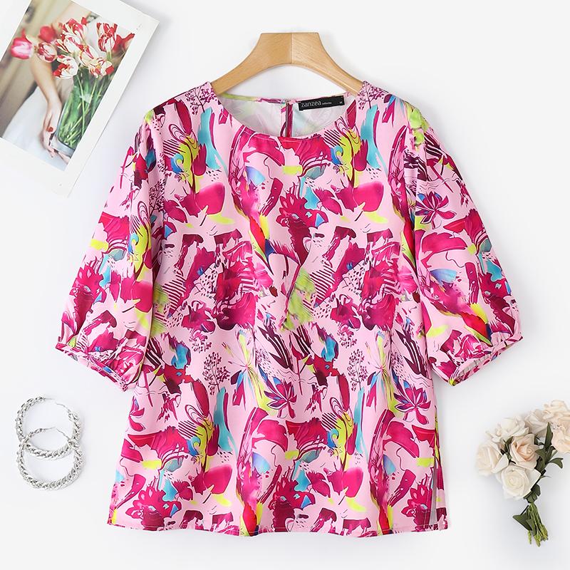 

ZANZEA Женская повседневная блузка с круглым вырезом, свободного кроя, с цветочным принтом, рукав 3/4 S фиолетовый