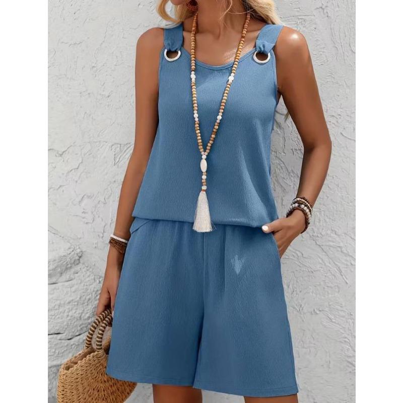 Western Spring Summer Fall New Solid Color Craft Fabric Double Pocket Sleeveless Top and Shorts, Vacation Style Elegant Casual Set