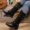 2025 European & American Mid-Calf Rivet Belt Buckle Boots: Round Toe, Square Heel, PU Leather, Autumn/Winter Knight Style