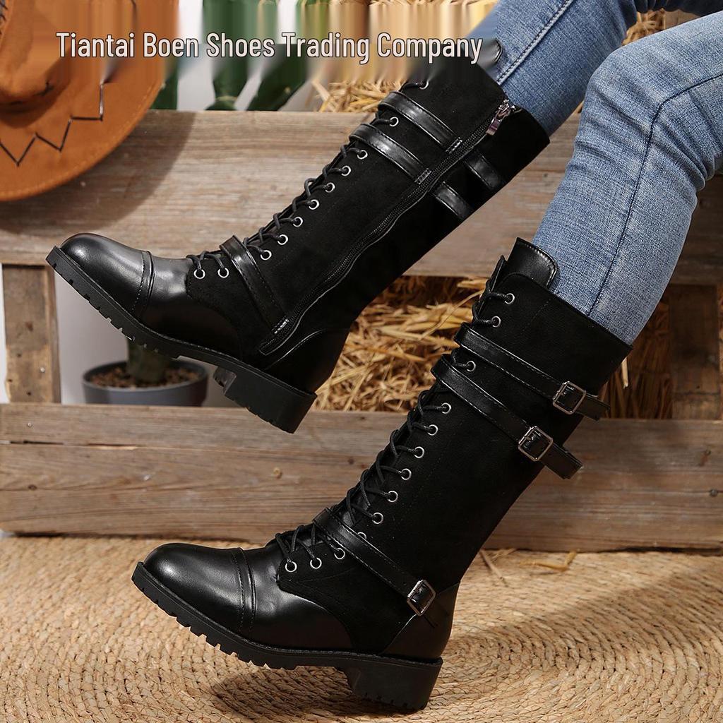 2025 European & American Mid-Calf Rivet Belt Buckle Boots: Round Toe, Square Heel, PU Leather, Autumn/Winter Knight Style