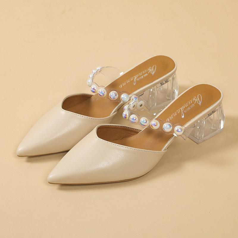 

Summer new Korean version pointed transparent with pearl bag head thick heel women cool slippers fashion casual high heel slippers women 40 абрикосовый