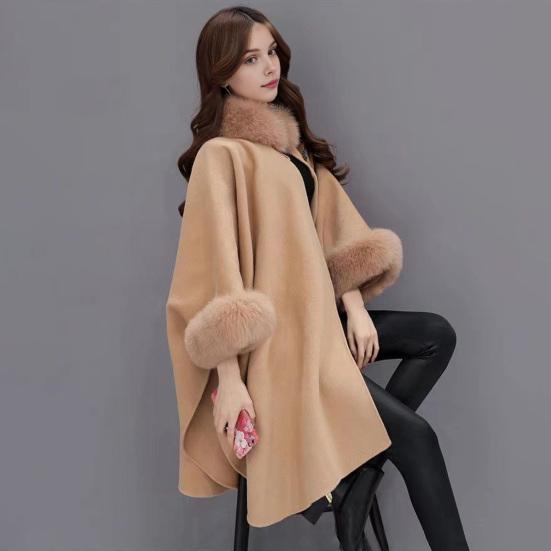 Autumn and Winter Women's Cape Coat Dolman Sleeves Thick Shawl Loose Stand Collar Solid Color Faux Fur Decor Warm Daily Wear Work Outdoor Poncho
