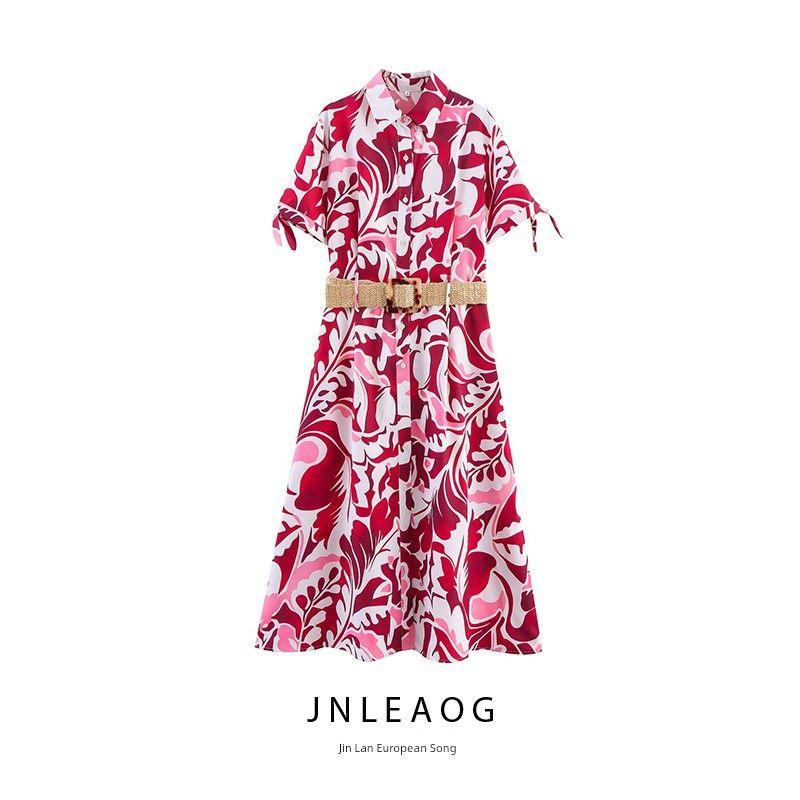 Jnleaog Autumn New Women Clothes Western Style French Style With Belt Print Poplin Dress 5029127