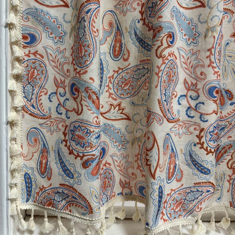 1PCS Rodless Bohemian Patterned Kitchen Half Curtain Cashew Patterned Coffee Curtain Toilet Curtain Retro Tassel Decoration for Dust and Ugliness