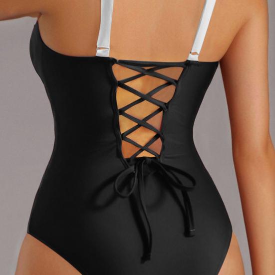 Traje de Baño Entero para Mujer Acolchado con Sujeción con Cordones Espalda Descubierta Monokini Color Patchwork Traje de Baño para Reducir Vientre