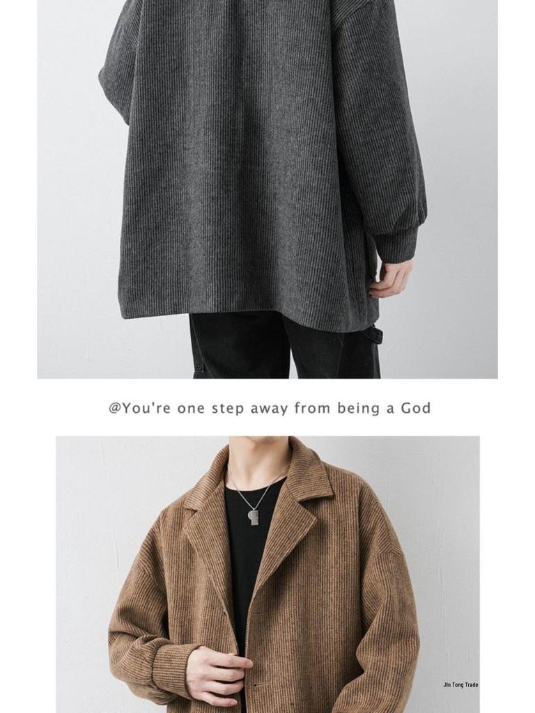 Men's Corduroy Wool Coat - Mid-Length, Loose Fit, Spring/Autumn, Hong Kong & Korean Style