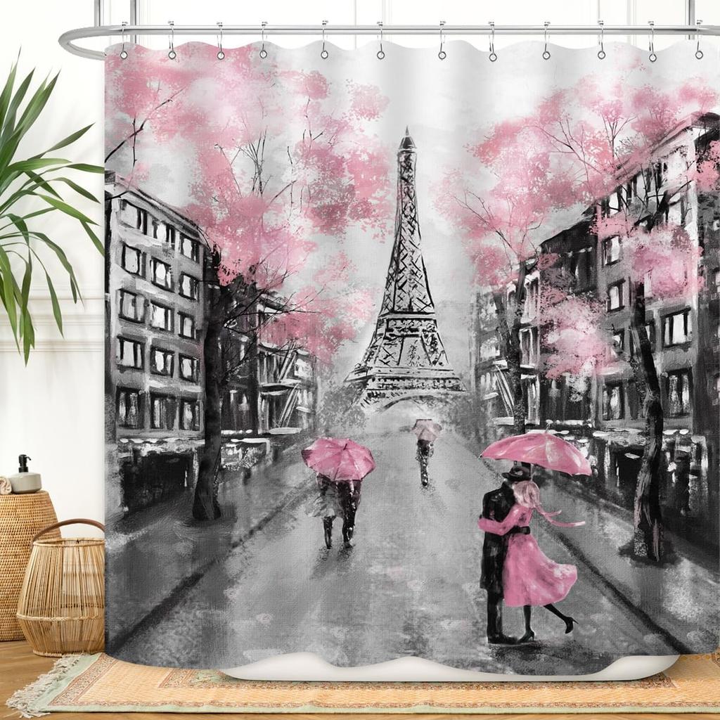 Paris Eiffel Tower Shower Curtain Oil Painting European France City Landscape Modern Couple Black Pink Tree Home Bathroom Décor