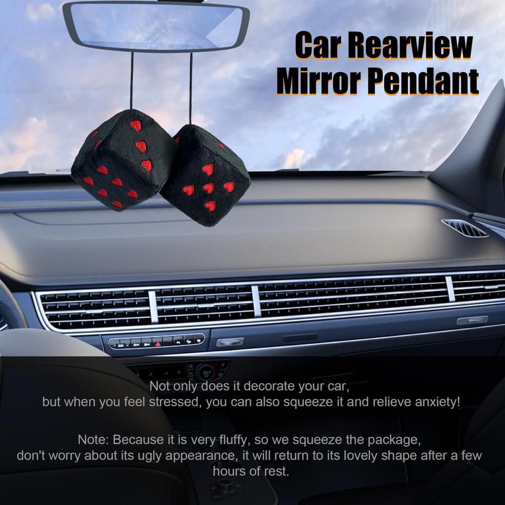 Ziciner Pair Fuzzy Plush Dice for Car Mirror 3" Retro Square Dice Heart Shape