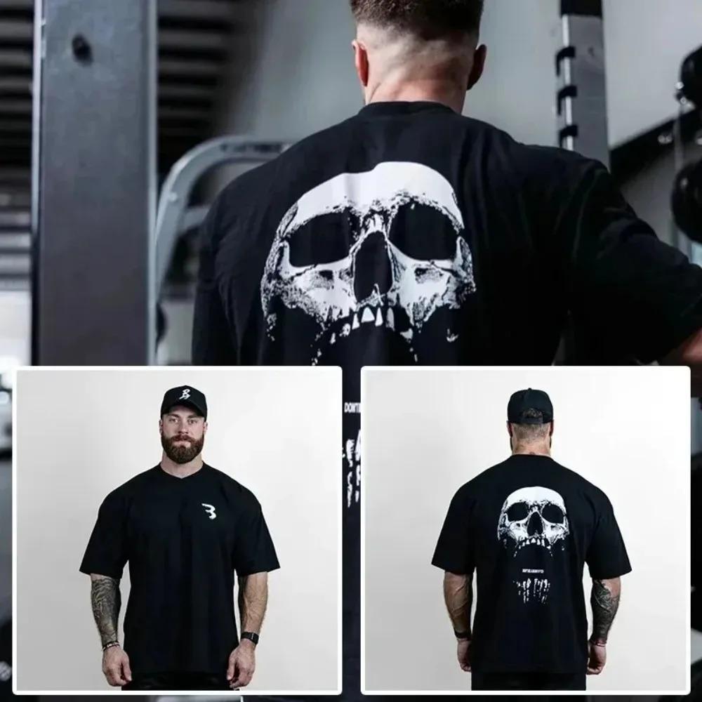 2024 Gym Fitness T-shirt Loose Oversized Cotton Men Short Sleeves Bodybuilding Sports Tees Summer Training Workout Jogging Tops