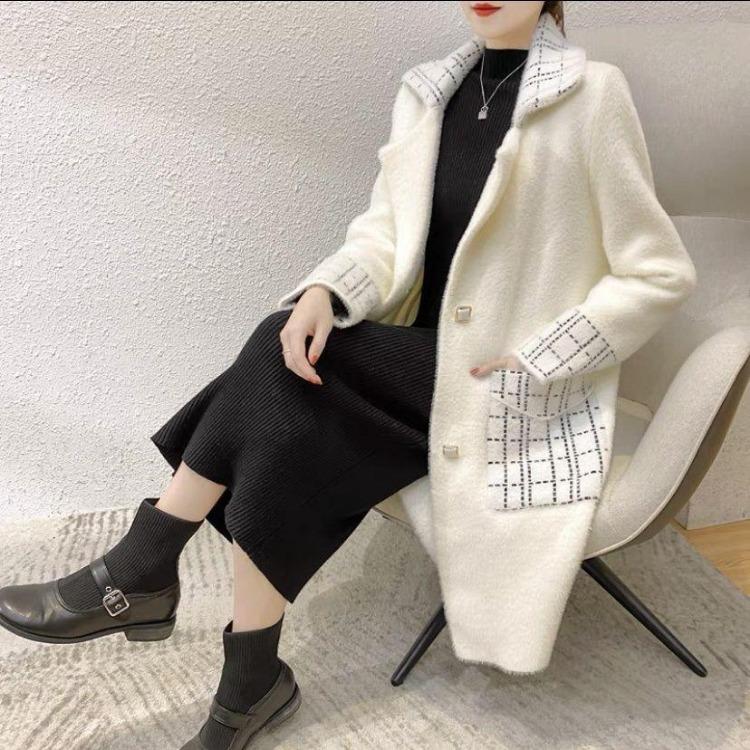 Autumn Winter Women Coat New Mink Velvet Thick Loose Sweater Collar Medium Long Knitted
