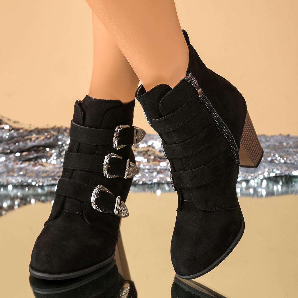 2025 Women Ankle Boots Buckle High Heels Pointed Toe Boots Autumn Winter Fashionable Versatile Casual Shoes Zapatos De Mujer