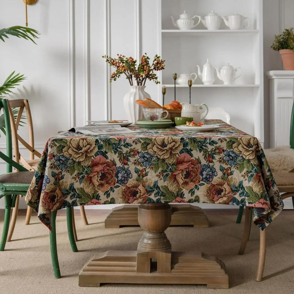Kwastrand Katoen Linnen Tafelkleed Rood Feestdagen Jacquard Eettafelkleed Bloempatroon Stofdicht Tafelkleed Achtergronddoek