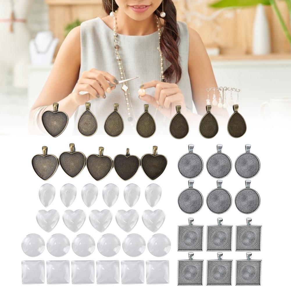 48pcs Metal Round DropShaped Pendant Base Tray Glass Domes Jewelry DIY Tool Accessory