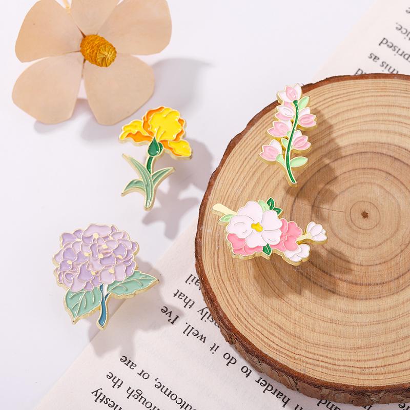 Month Flowers Enamel Pins Iris Lily Hydrangea Peach Blossom Brooch Lapel Badge Cartoon Plant Jewelry Gift for Kids Friends