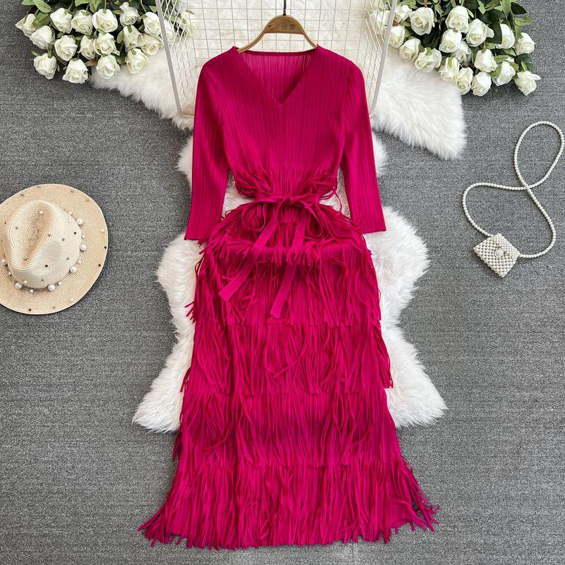 Accessible Luxury Socialite Sanzhai Ruched Half Sleeve Tassel Dress
