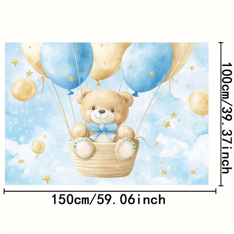 2D Newborn Backdrop, Watercolor Bear with Blue Balloons