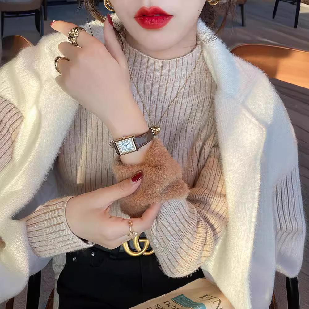 Semi-turtleneck velvet warm inner knitted sweater women's autumn and winter new simple slim long-sleeved versatile integrated velvet base