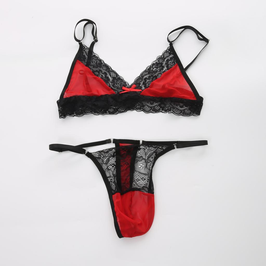 Conjunto de Lencería Sissy para Hombre con Ribete de Encaje Malla Transparente Sujetador Tanga Conjunto de Ropa Interior Outfits Exóticos para Crossdresser Gay Femboy Exótico Ropa de Dormir de 2 Piezas