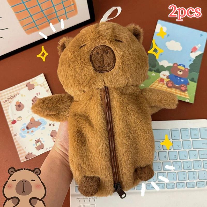 2Pcs Cartoon Animal Pen Case Cute Plush Capybara Pencil Storage Bag Multifunction Large Capacity Stationery Pouch