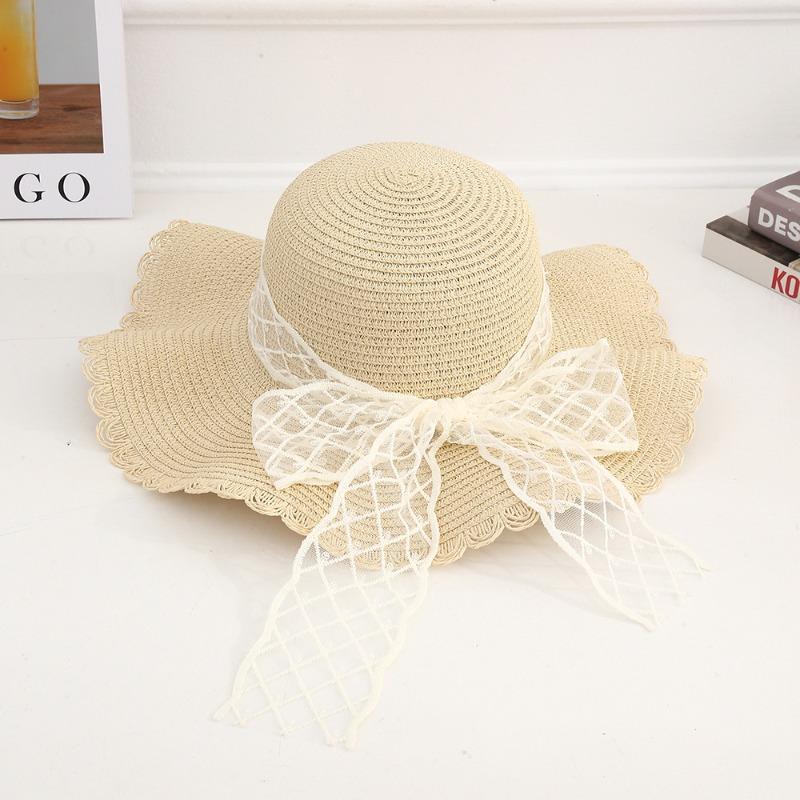 Summer Bow Sun Hat Female, Seaside Beach Vacation Sun Hat Outdoor Big Brim Sun Hat Sweet Straw Hat
