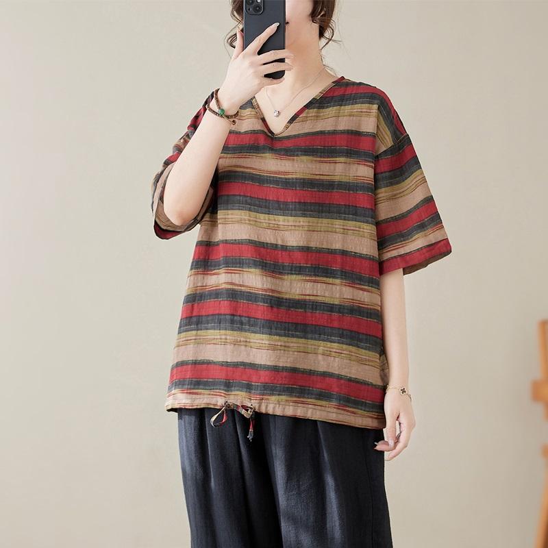 

Женская свободная летняя футболка из хлопка с короткими рукавами больших размеров в винтажную полоску красный