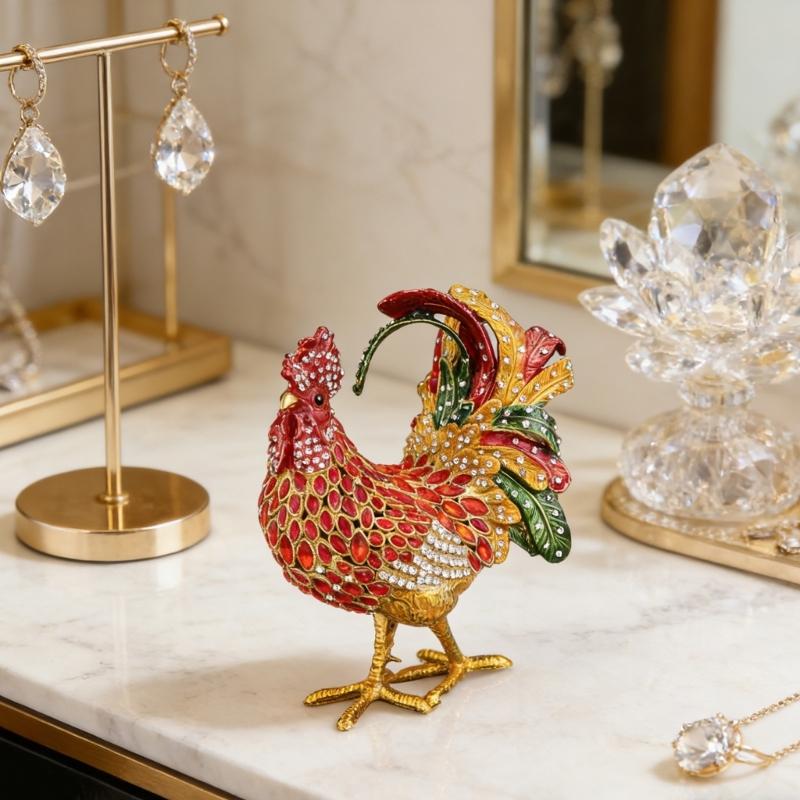 Exquisite Handcrafted Rooster Jewelry Display Case Holder Box Featuring Aluminum Construction And Ample Space