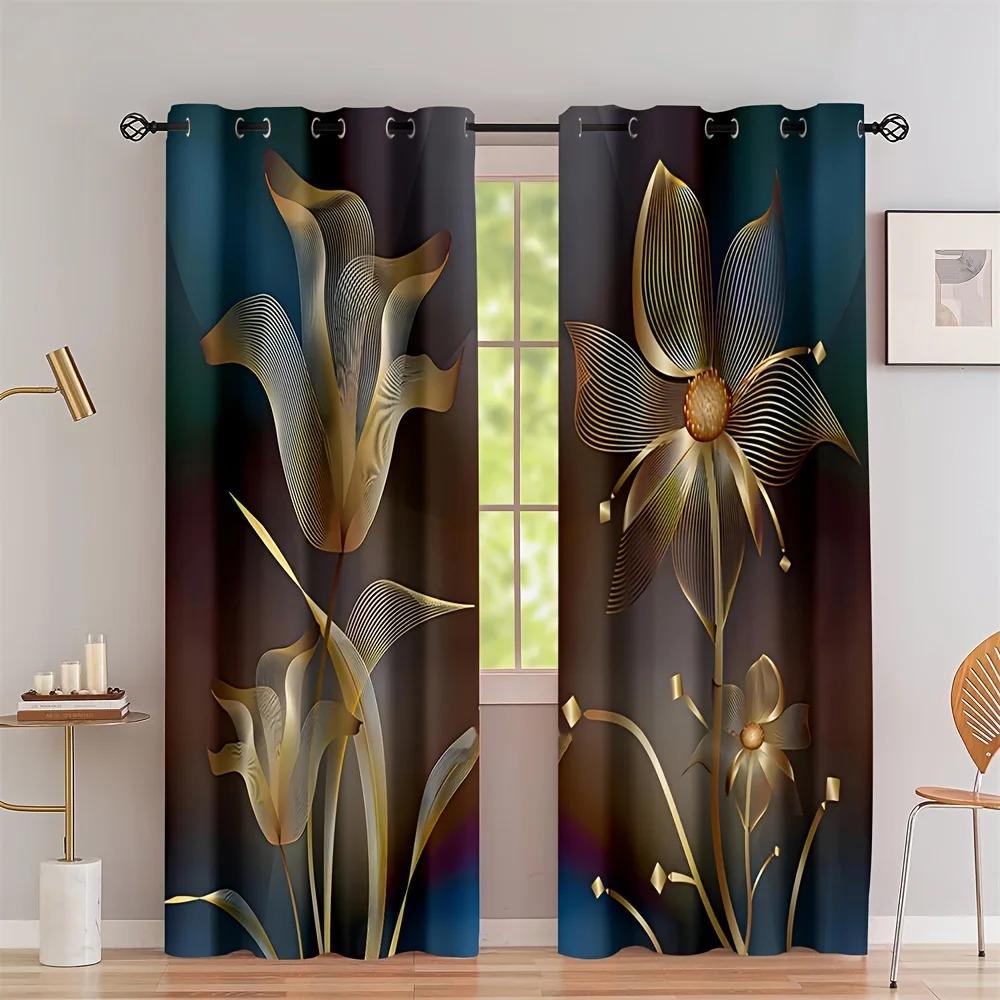 2pcs, Golden Black Flowers Rod Pocket Pocket Digital Printing Curtains,Polyester Material, Suitable For Living Room,Bedroom