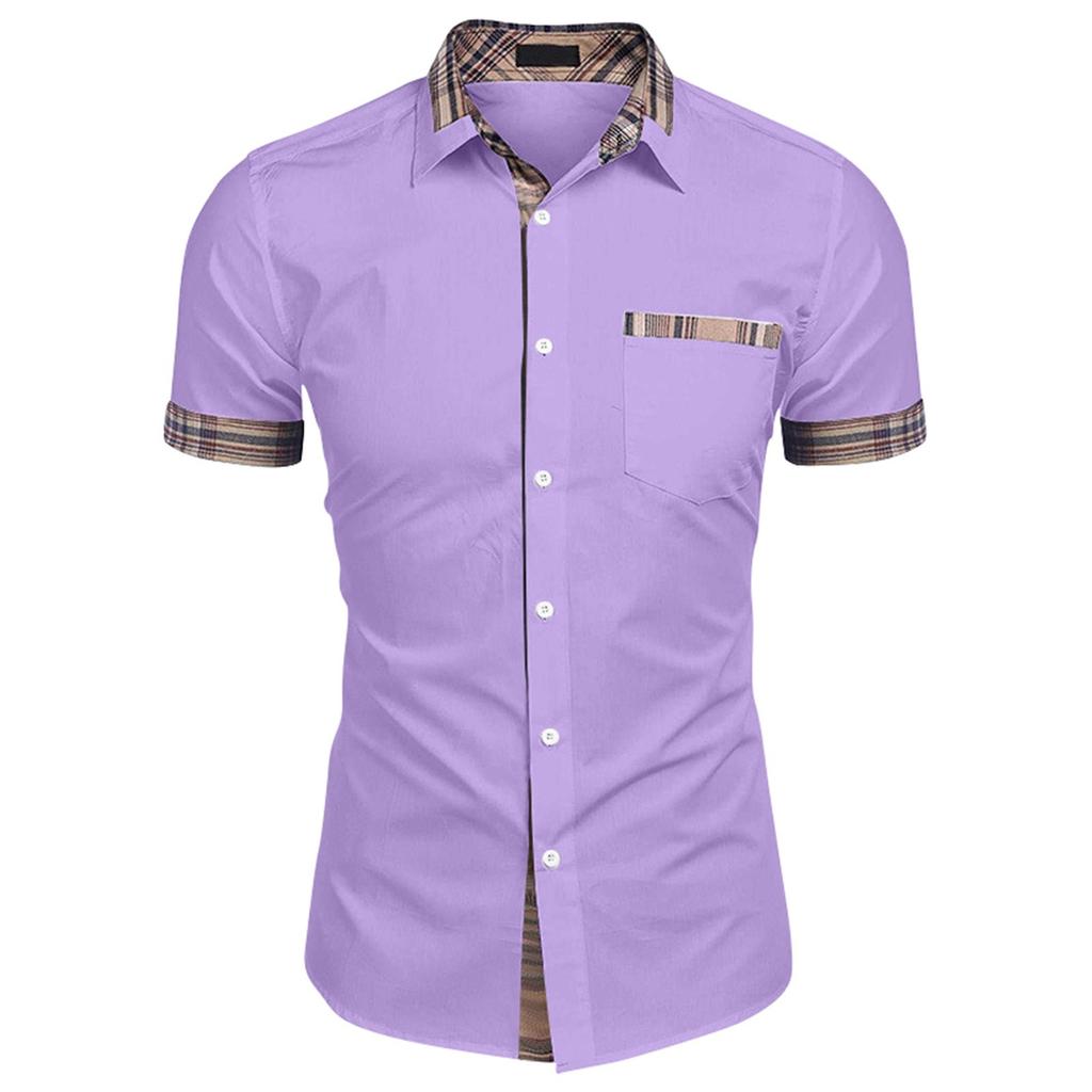 Men's Casual Short Sleeve Shirt Button Down with Plaid Trim Collar and Pocket Detail Lightweight Breathable Summer Shirt for Everyday Wear