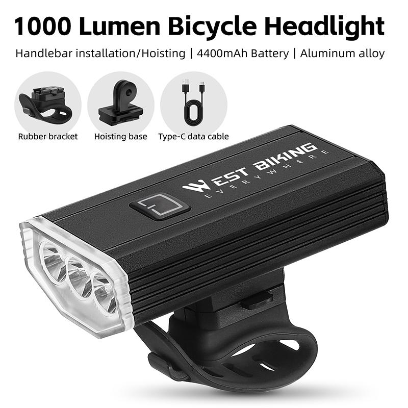 WEST BIKING 1000 Lumen Bike Light IPX6 Waterproof Bicycle Headlight High Brightness Portable LED Flashlight Bicycle Accessories 1000 Lumen