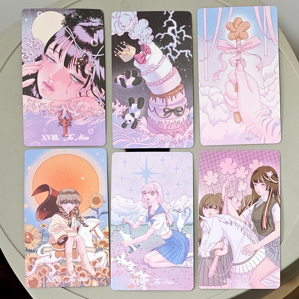 Kawaii Anime Tarot Deck 10.5*6cm - 78 Cards Coquette Aesthetic Pink Pastel Manga Tarot Cards - "HORANG NAVI" Double-embossed
