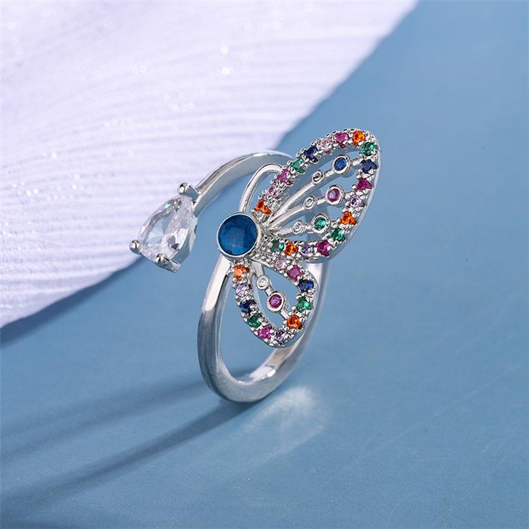 Fashiona Temperament Colorful Diamond Inlay 925 Sterling Silver Personality Creative Butterfly Opening Rings  R055