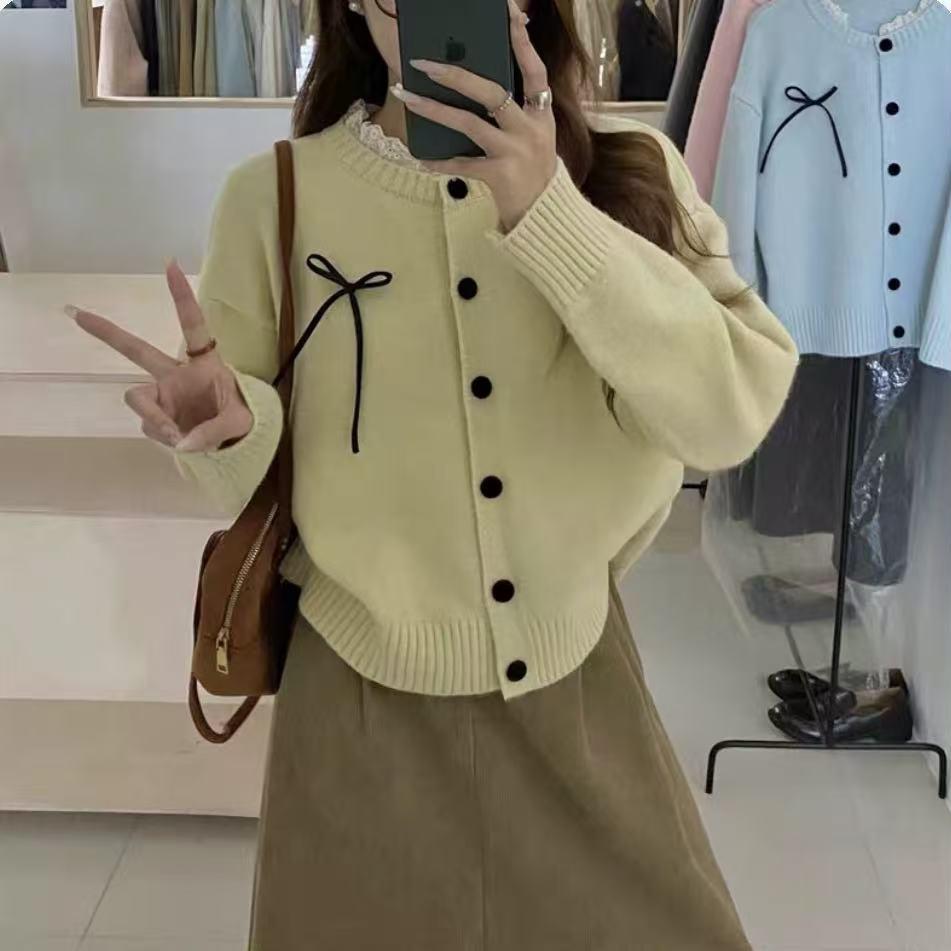 Arctic Velvet Washing Water, Gentle Lace Lace Neckline Bow Knitted Cardigan Women's Autumn and Winter New Sweater Jacket