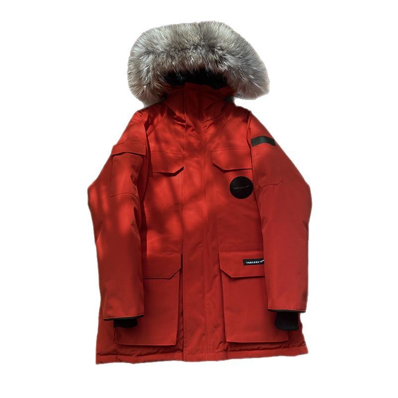 Hooded tooling down jacket women's medium and long pie overcome couple jacket thickened warm clothing winter large size goose