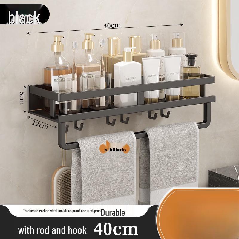 Handun 40cm Bathroom Shelf with Towel Bar & Hooks, Black