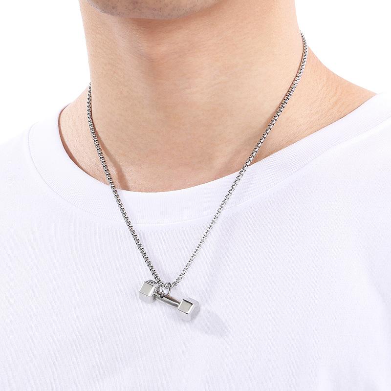 Gold Color Stainless Steel Barbell Pendant Necklace for Men Women Sports Souvenir Gift Square Pearl Chain Charm Trendy Jewelry