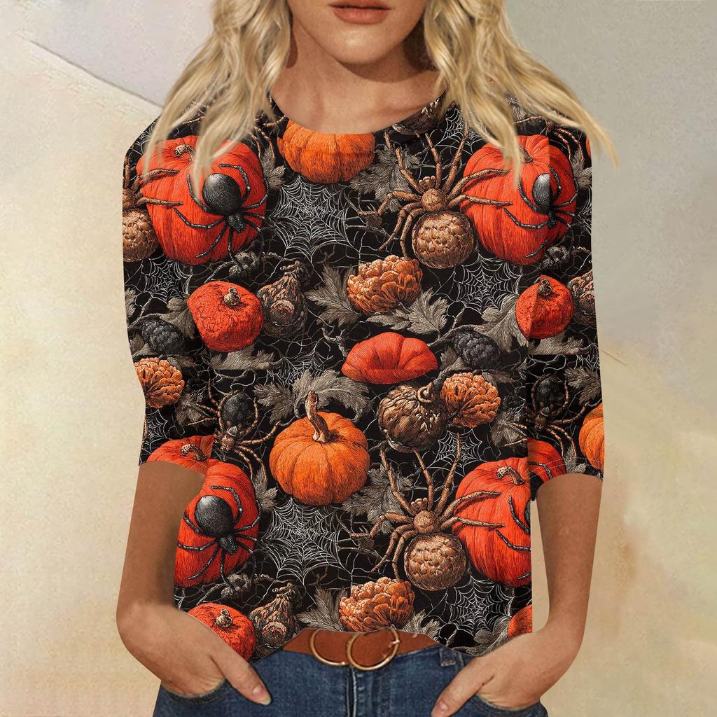 Modieuze casual damestop met driekwartmouwen en Halloweenprint, ronde hals.