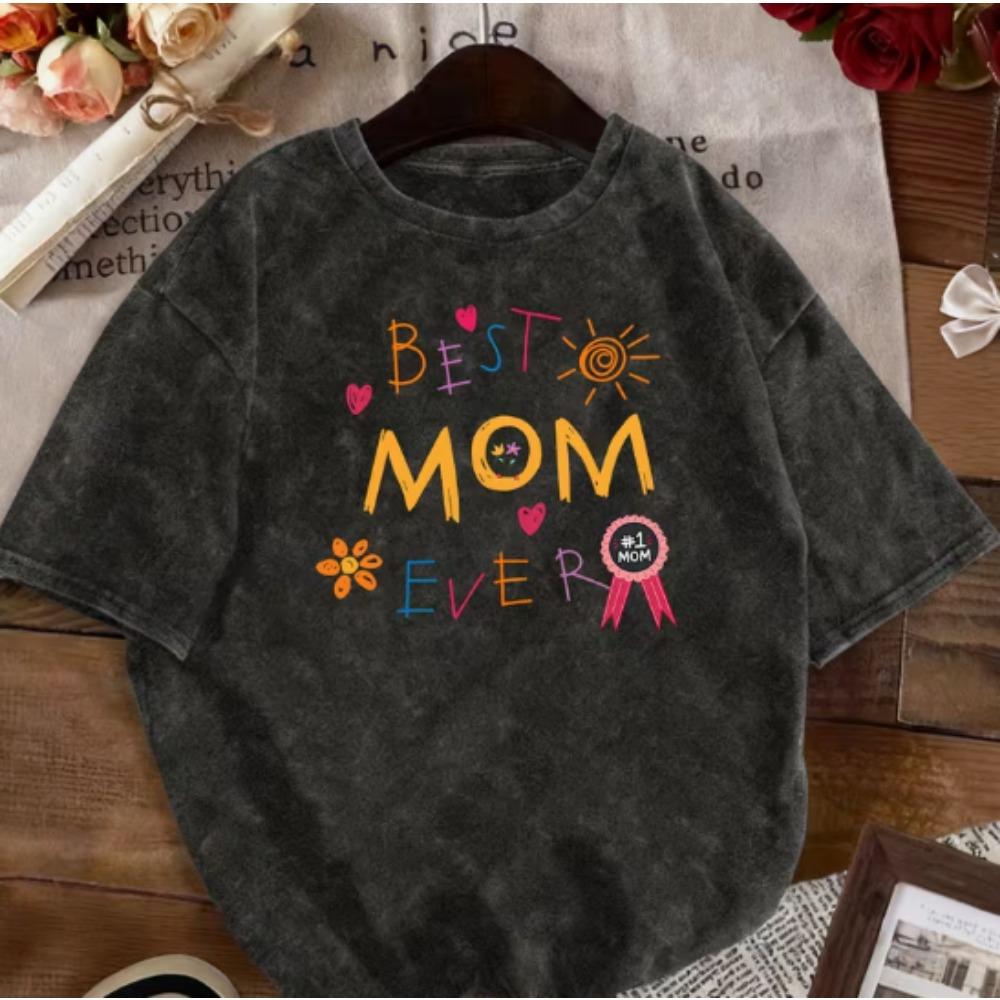 The Best Mom Print Washed Short Sleeved T-shirt in History Vintage Round Neck T-shirt Made with Vintage Design M