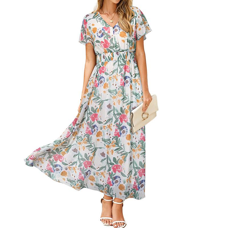 European and American Women's Clothing Summer New Short-sleeved Printed Chiffon Dress Waist Elegant Long Dress