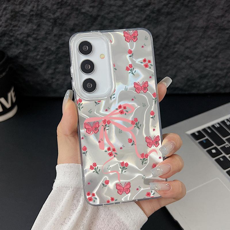 Case For Samsung Galaxy S25 S24 Ultra S23 S24 FE S22 Plus A55 A15 A16 A35 A25 A54 A56 5G Pink Bow Pattern Laser Hard Phone Cover