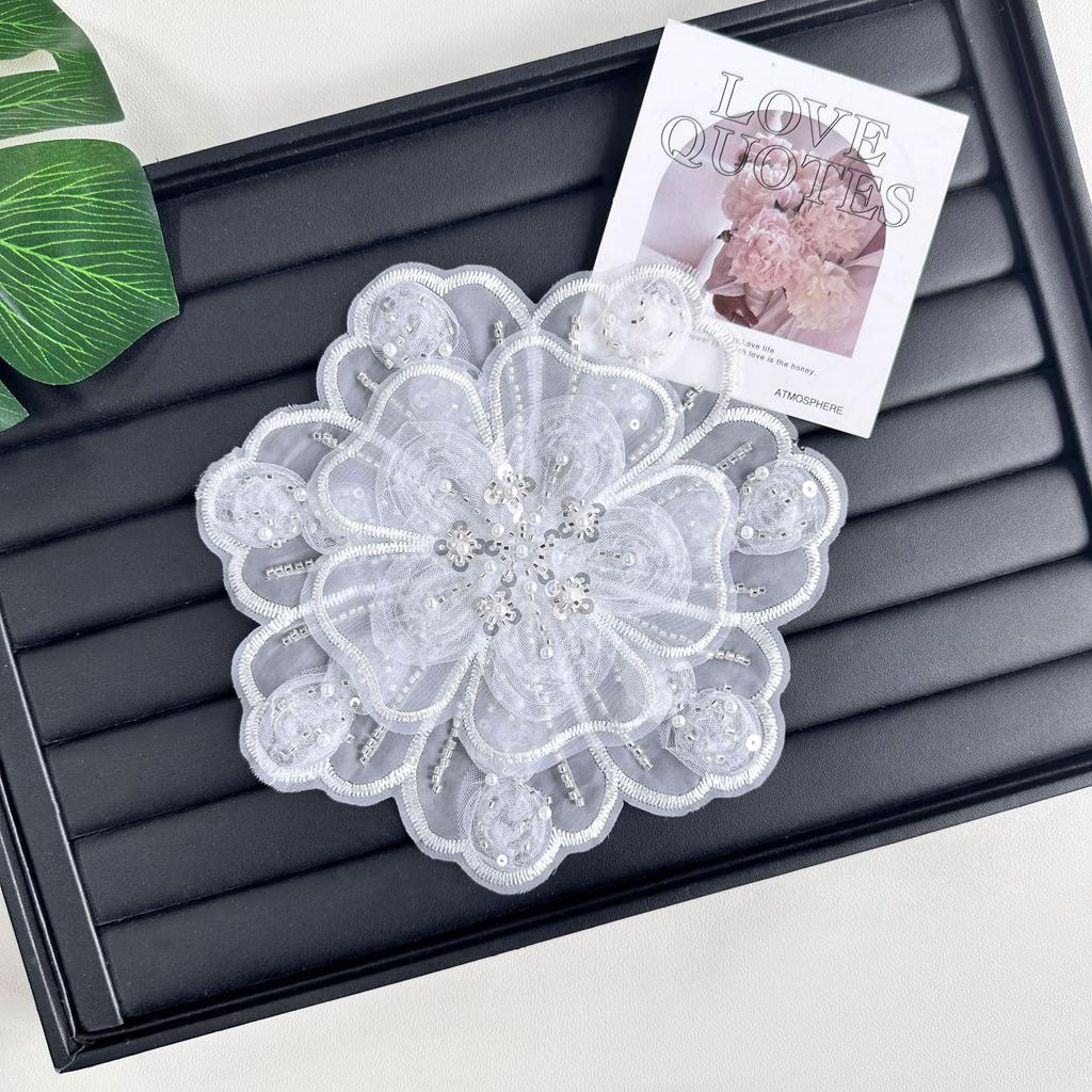 White Organza, Lace, Embroidered Nails, Beads, Sequins, Flower Embellishments, Bags, Dresses, Accessories, Fabric Patches
