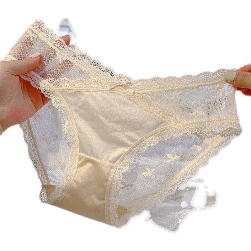 Pure Desire French Sexy Satin Lace Panties for Women Low-Waisted Breathable Pure Cotton Crotch Triangle Panties