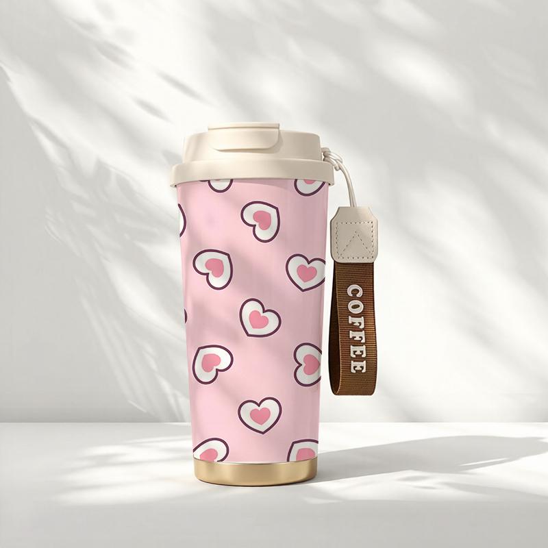 Coffee Mug 532ml Heart Element Lanyard Insulated Cup Handheld Cup Outdoor Cup Leakproof Hand Cup Lightweight Cup