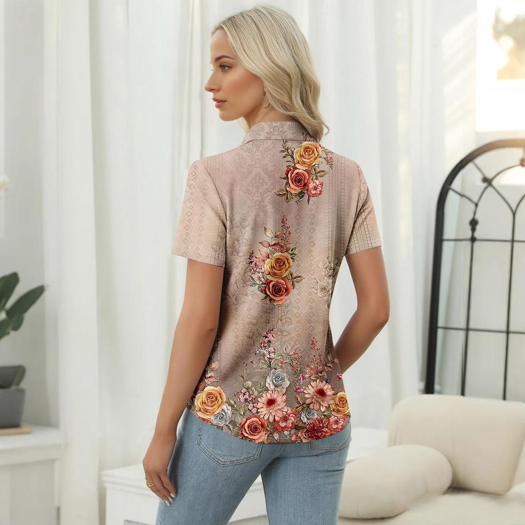 Women's Casual Floral Print V-Neck Short Sleeve Decorative Button T-Shirt Top