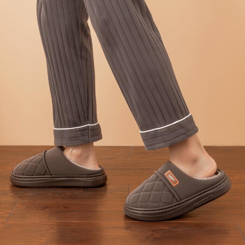 Waterproof cotton slippers men's winter new indoor home non-slip and warm plush thick-soled pu cotton shoes women's outer wear